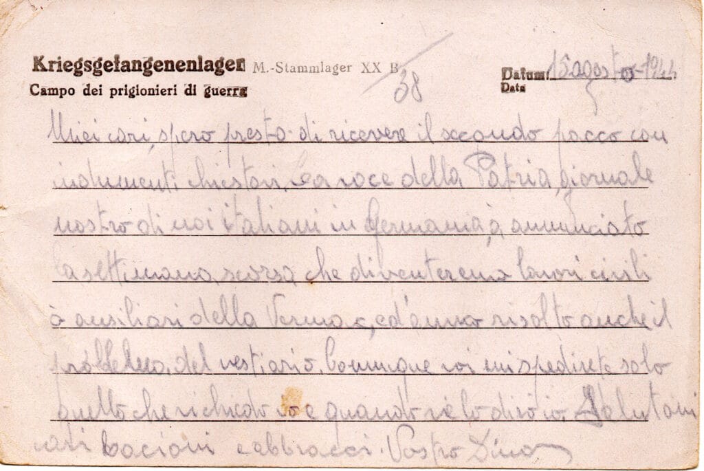 Testo cartolina del 15-8-1944