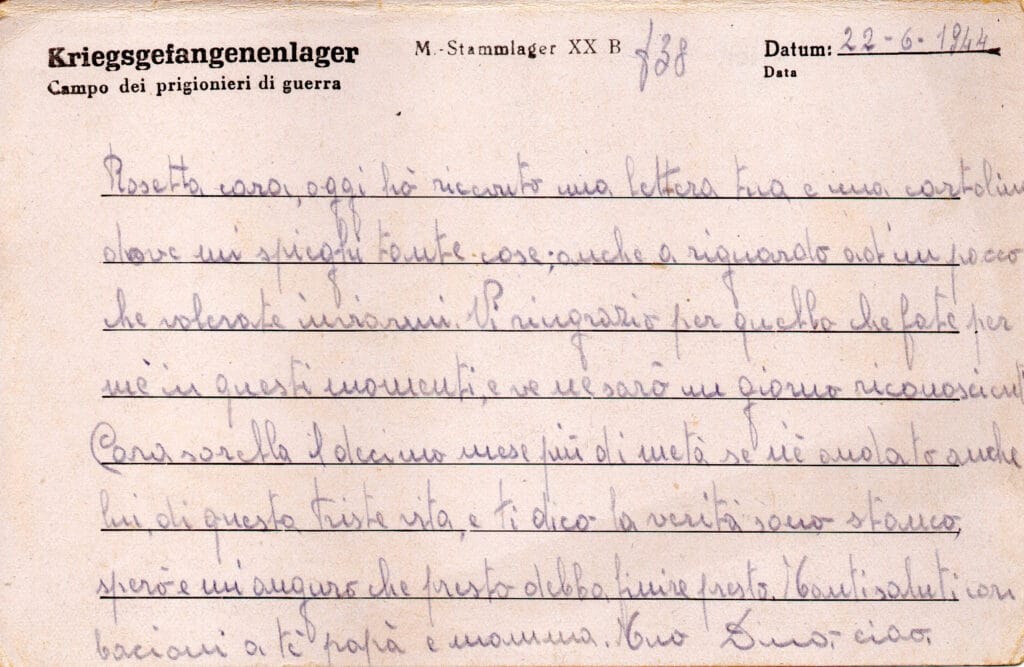 Testo cartolina del 22-6-1944
