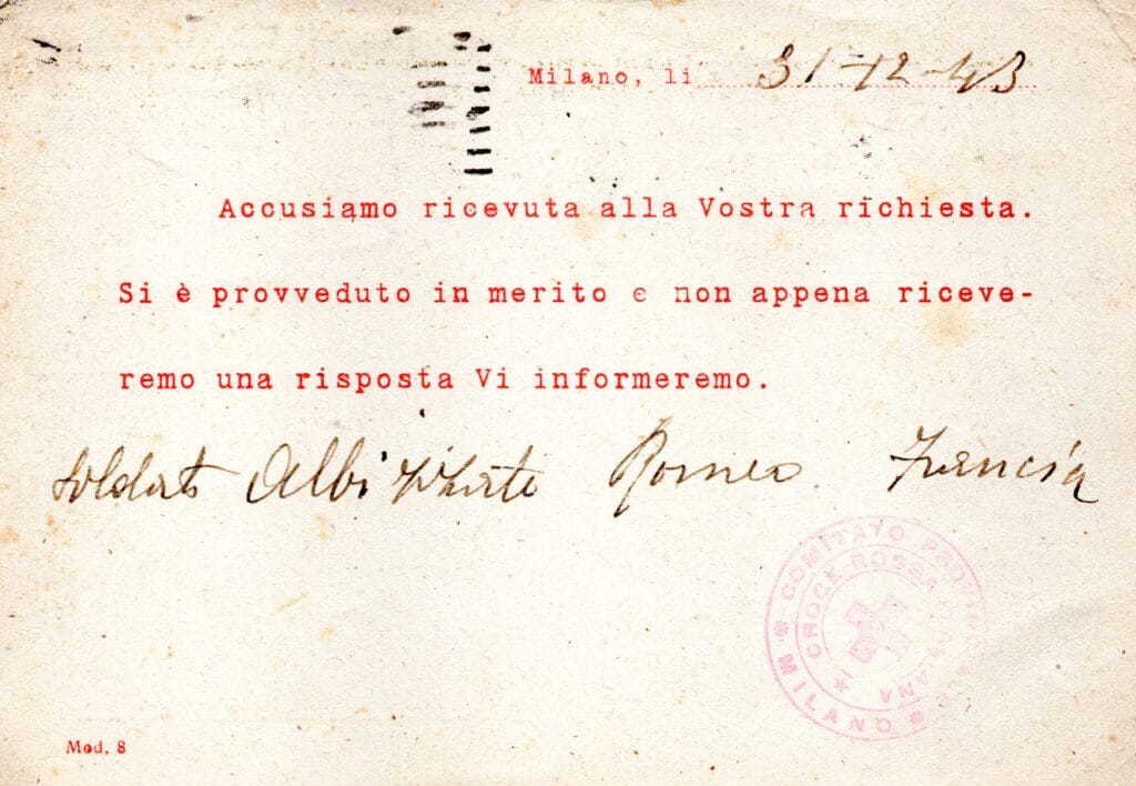 Comunicazione Croce Rossa Italiana del 31-12-1943
